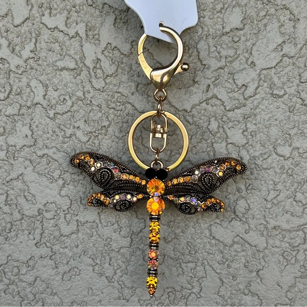 Whimsical Yellow Embellished Dragonfly Keychain